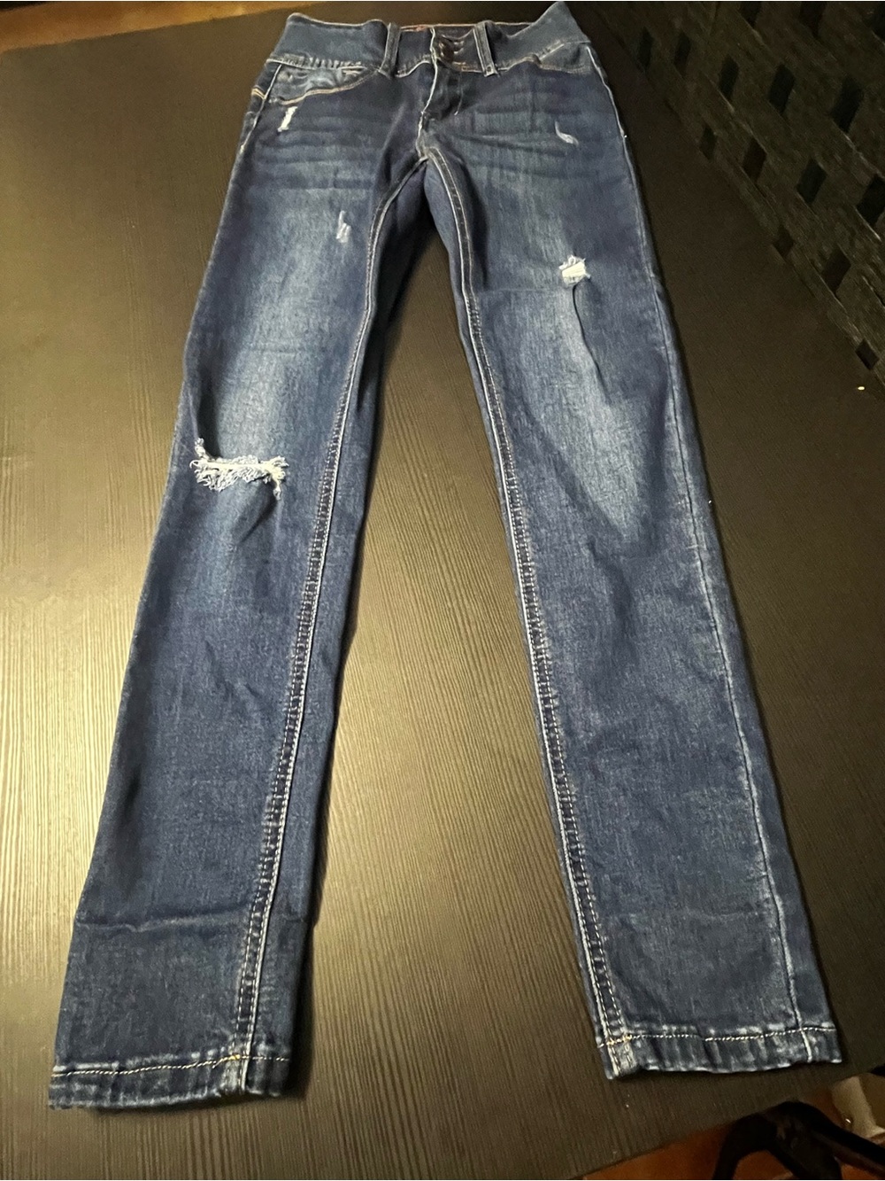 Wax Jean Women’s Dark Blue Straight Leg Distressed Jeans